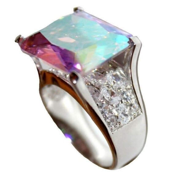 925 Sterling Silver Womens His Presence of God Aurora Borealis Ab Chunky Ring 10 - Picture 1 of 6